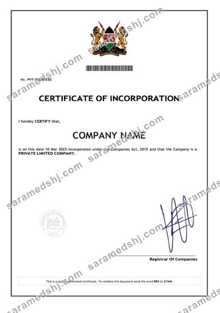 Kenya certificate of incorporation Word and PDF template